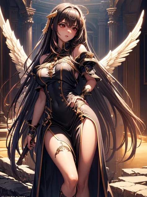 ((best quality)),(Ultra-high resolution),(Super detailed),(Detailed description),((Best CG))(Fantasy art with precise details:1.5), Black Hair，European classical long dress，(1 Female Angel:1.6),Angel Wings，side，Injuried，Blood，，Serious expression