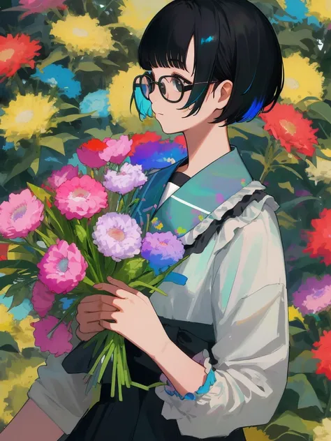 masterpiece, Highest quality, One Girl, Upper body, Have a bouquet of iridescent colors, short hair, , Black-haired, Glasses、Casual clothing, Frills,Top view