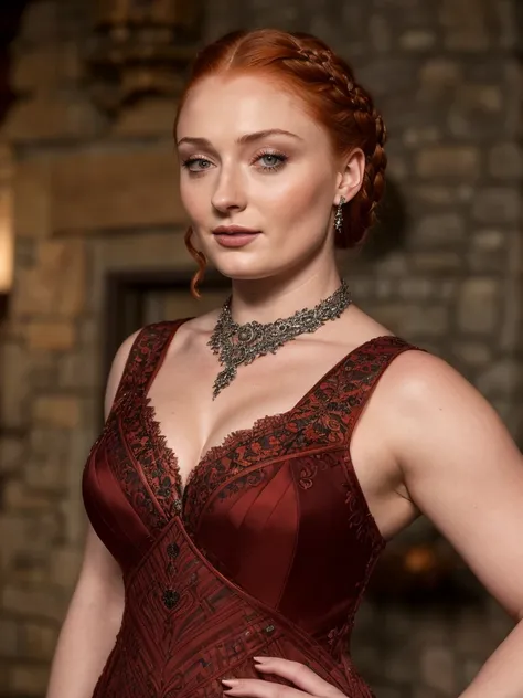 Face of Sophie Turner, Sansa Stark played by Sophie Turner, the de facto Lady of the Eyrie, is a 45-year-old mature queen with a stunning, alluring appearance. Full Face, Full figured woman, heavy physique, thick thighs, pierced eyes, reddish lips, upper b...