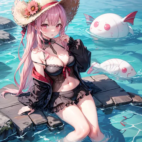 ((Highest quality)), ((masterpiece)), (detailed), (nsfw), the female cartoon character dressed in sexy clothing sits in the water and fishes, 1girl, swimsuit, breasts, 比基尼, 独奏, hat, pink hair, straw hat, cleavage, navel, water, large breasts, looking at vi...