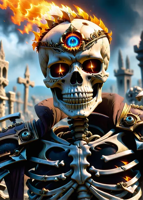 skeleton army, (skeleton with soul flame in eye socket: 1.6), (dirty with broken weapons and gear: 1.1), (scary face 1.5), graveyard, ((looking at viewer:1.2), (from side:0.8)), dirty, volumetric lighting dynamic lighting, real shadows, vibrant contrasting...