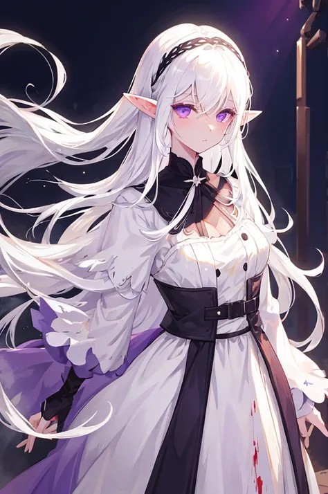 white hair , lush, long hair , elf ears , purple eyes , lifeless , old and shabby white dress , dusty , dark , hurtful , bloody ...