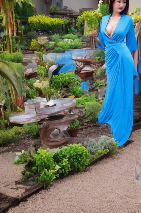 painting of a woman in a blue dress standing in a garden,  gigantic cleavage breasts, a fine art painting by Chen Lin, trending on cg society, fantasy art, fantasy art style, ethereal fantasy, a beautiful fantasy empress, beautiful fantasy art, ((a beautif...