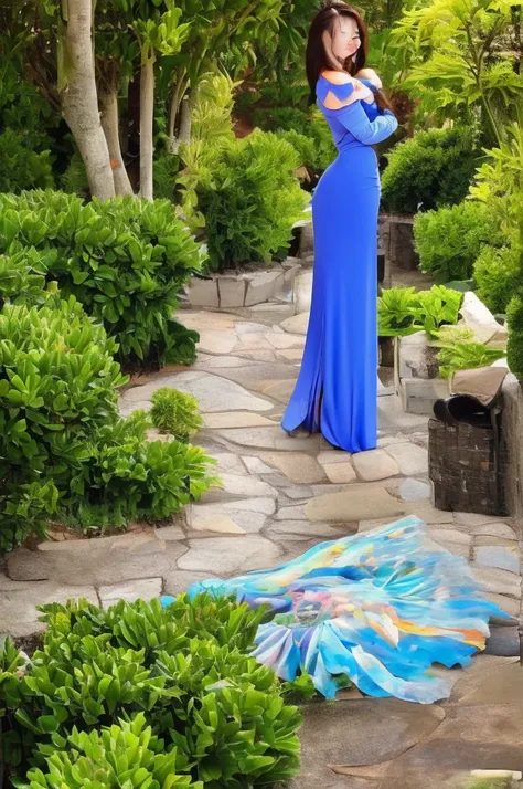 painting of a woman in a blue dress standing in a garden,  gigantic cleavage breasts, a fine art painting by chen lin, trending ...