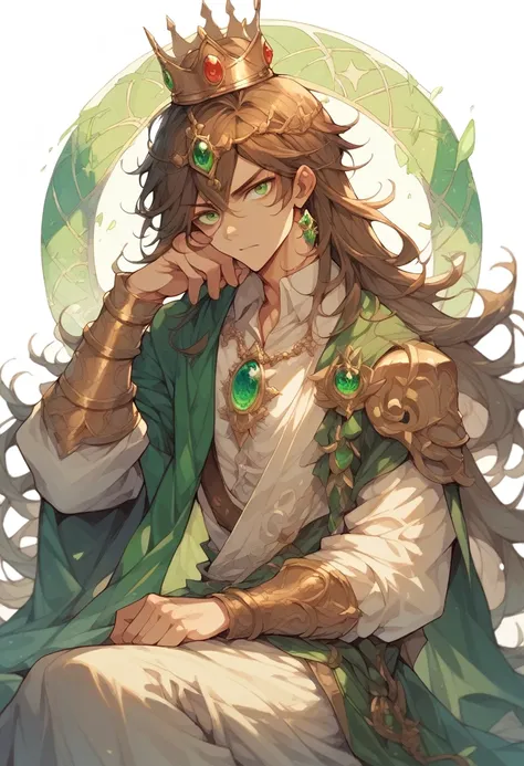 One royalty man sitting on the thrown, brown hair and emerald green eyes, with a crown on 