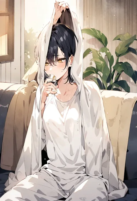 young people, black hair, short hair, yellow eyes, fetish, long sleeve white t-shirt, sweat pants, drinking, sit on the sofa,wet...