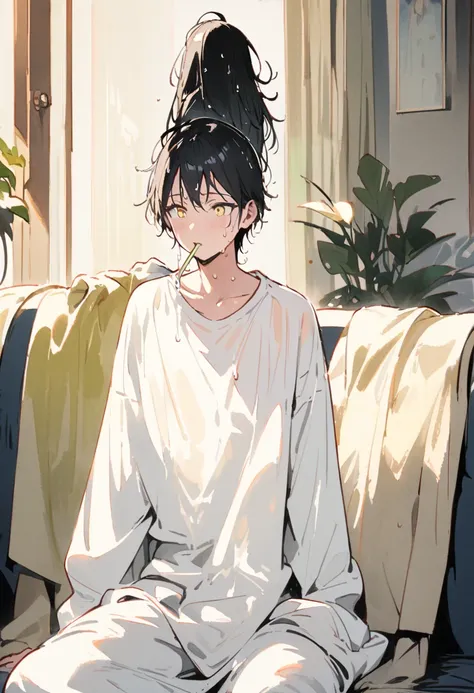 young people, black hair, noah,short hair, yellow eyes, fetish, long sleeve white t-shirt, sweat pants, drinking, sit on the sof...