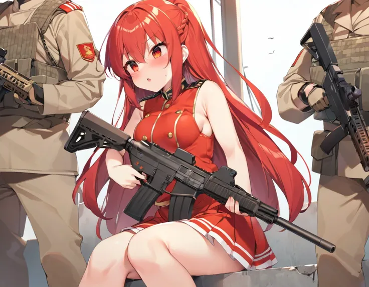 tank、tankに乗り込む乳首がたっている巨乳少女、A small-breasted girl in a bright red military uniform、Girl with assault rifle