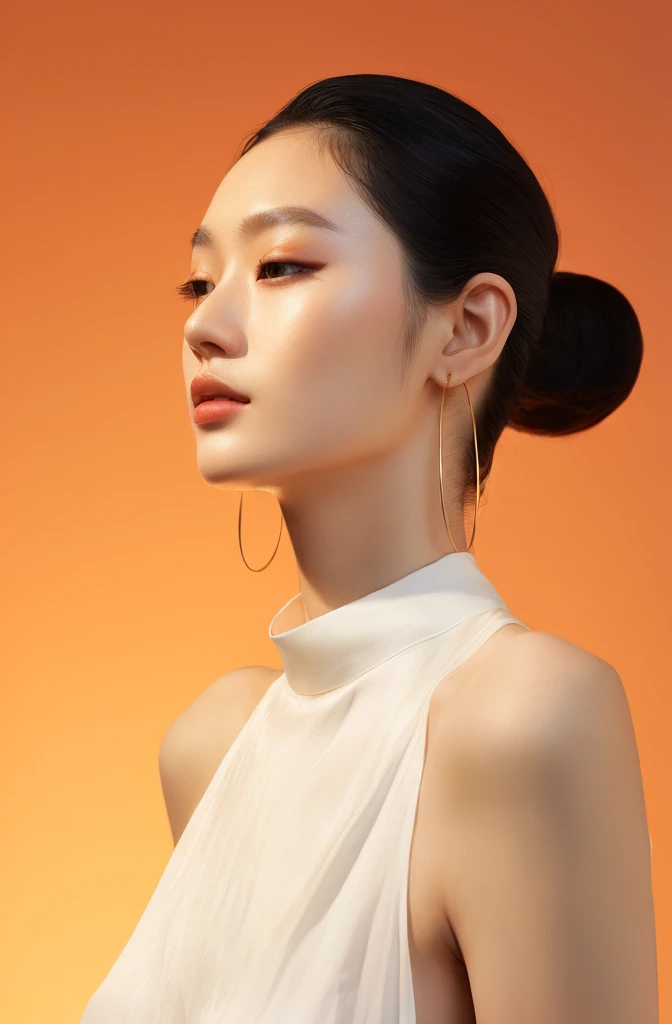 Wearing a white top、Arav woman wearing gold earrings, A woman with porcelain skin, a Young Asian woman, Shiny porcelain skin, beautiful Young Asian woman, Young Asian woman, elegant side pose, Beautiful Chinese model, an asian woman, Facial details of an A...