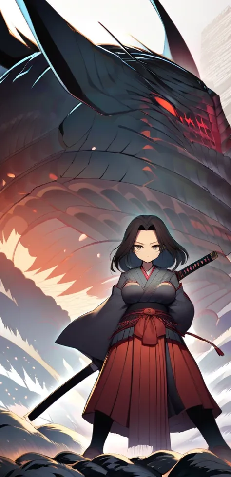 samurai woman with giant, round breasts that measure twice her head, she has extremely wide hips, she wears a long, dark hakama ...