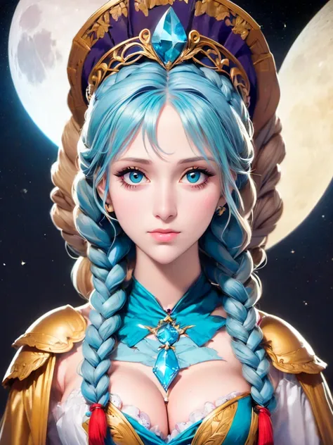 a close up of a woman with long blue hair and a moon, concept art inspired by Lois van Baarle, Artstation, fantasy art, jen bartel, moon goddess, lunar goddess, goddess of the moon, cosmic goddess, goddess of space and time, beautiful celestial mage, celes...