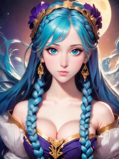 a close up of a woman with long blue hair and a moon, concept art inspired by Lois van Baarle, Artstation, fantasy art, jen bartel, moon goddess, lunar goddess, goddess of the moon, cosmic goddess, goddess of space and time, beautiful celestial mage, celes...