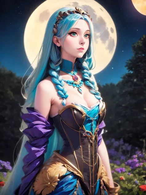 a close up of a woman with long blue hair and a moon, concept art inspired by Lois van Baarle, Artstation, fantasy art, jen bartel, moon goddess, lunar goddess, goddess of the moon, cosmic goddess, goddess of space and time, beautiful celestial mage, celes...