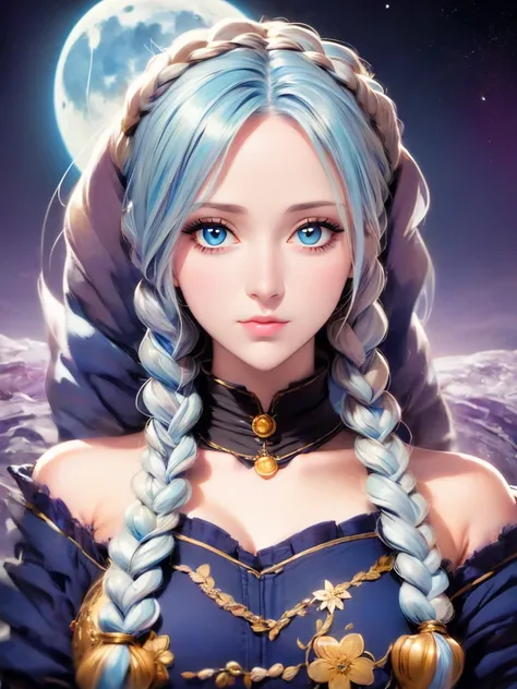 a close up of a woman with long blue hair and a moon, jen bartel, moon goddess, lunar goddess, goddess of the moon, cosmic goddess, goddess of space and time, beautiful celestial mage, celestial goddess, fantasy art style, blue diamond, high priestess, por...