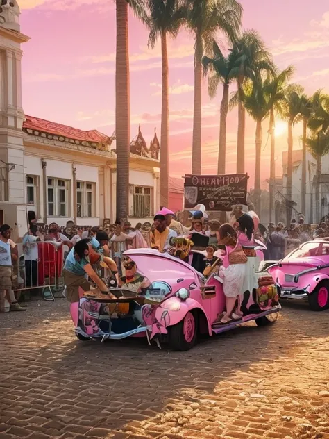 Cartoon style caricature, high detail cartoon, . A Pink Beetle with people hanging out celebrating and barbecuing on a barbecue grill on top of the hood of the Pink Beetle, harvest festival parade Entre Rios de Minas