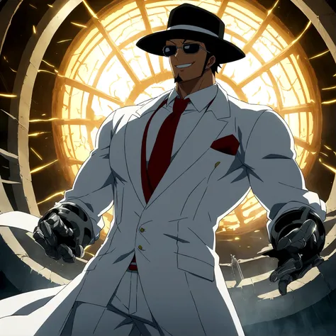 Man, Lean muscular body, Long black hair, White suit, Red tie, Black hat, Sunglasses, Goatee, Black gloves, Mad scientist smile, Mad Scientist, White mechanical arms, Laboratory setting, Anime lines inspired by ONE PIECE, bathed in dramatic, incredible lig...