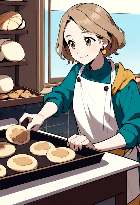 Create a Disney Pixar Poster.  A young chef, with shoulder-length light brown hair, with happy smile, small brown eyes. She wears small earrings. She is making cookies in a bakery.