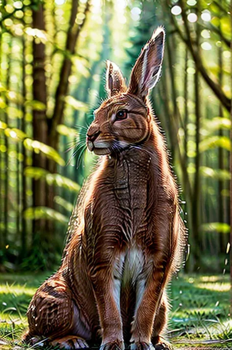 A mother hare sits in a clearing in the forest and little bunnies run nearby