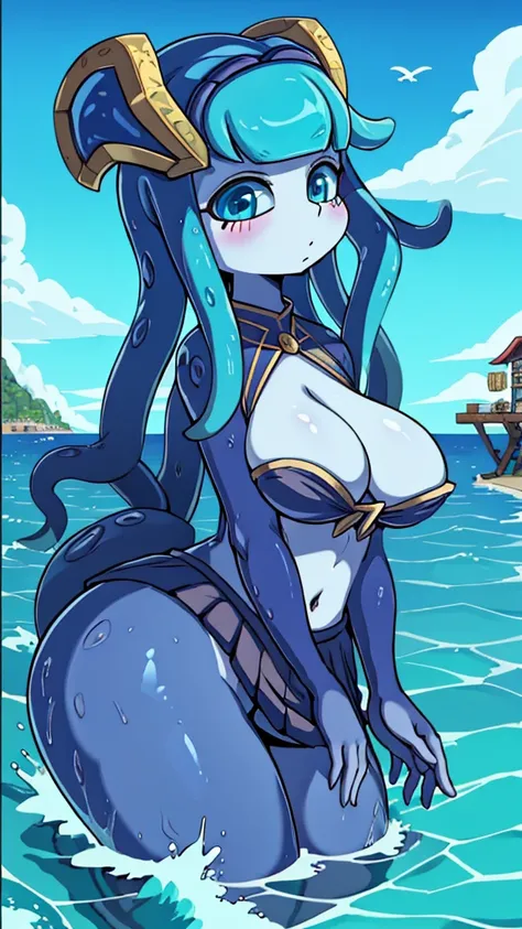 Beach Background，Close-up above the waist，Upper body close-up，Huge girl，Octopus Girl，Blue Hair，Octopus hair，Tentacle hair，Tentacle Arm，Tentacle hair，Tentacle hair，Suction Cup Hand，Suction Cup Hand，There are no palms，Brachiopod Arm，Octopus hands，Tentacle ar...