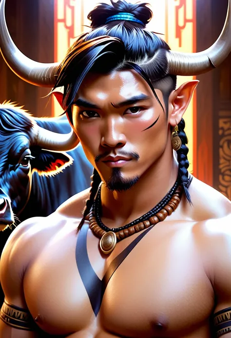 half man half asian black bull, tribal, frozen empire, caramel stylised hair style, realistic shaded lighting poster by ilya kuv...