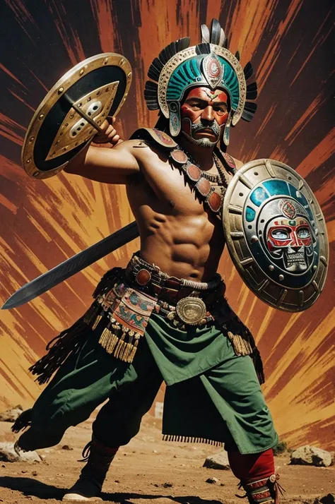 Mexica warrior with jaguar head and skin, With sword and shield