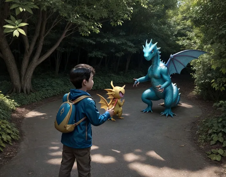 a boy and his dragonite pokemon (do pokemon go) who protects him, warding off all evil with his power and magnetism
 