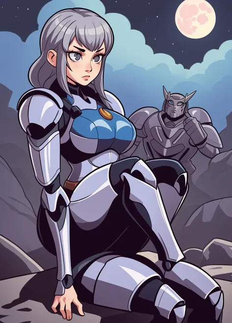 (chibi:0.5)
grey hair,tubular hair,grey eyes,sitting,armor,mecha, big moon in the background 