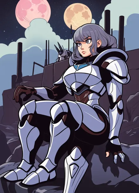 (chibi:0.5)
grey hair,tubular hair,grey eyes,sitting,armor,mecha, big moon in the background