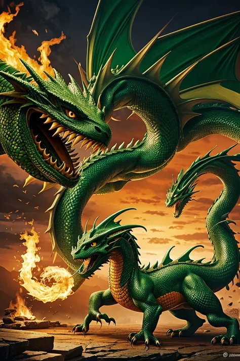 A green dragon beating an orange dragon