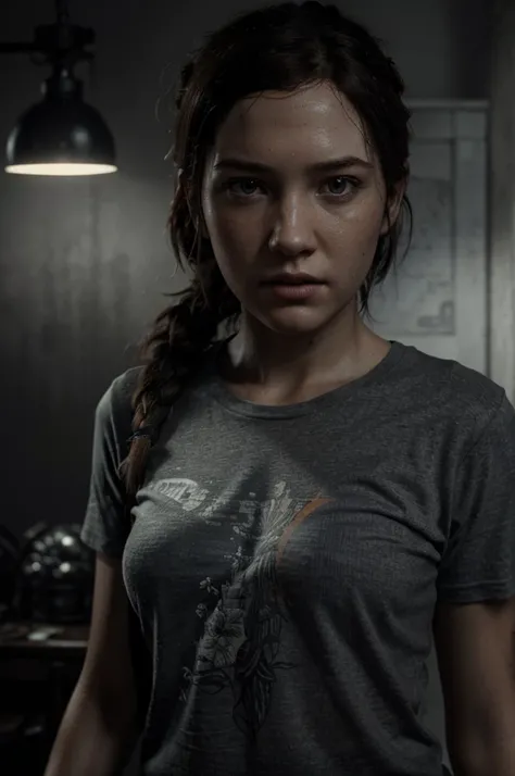 ((best quality)), ((masterpiece)), (detailed), perfect face, ellie de the Last of us 2, intense lighting, high level of detail, black and white wool t-shirt, with orange and blue print, 