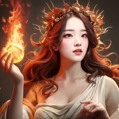 a closeup of a woman holding a fireball in her hand, Goddess of Fire, appears as the Goddess of Fire, 3 d goddess portrait, Goddess of Fire, 3d goddess minerva, the butterfly Goddess of Fire, hot Goddess of Fire, the Goddess of Fire, goddess portrait, the ...