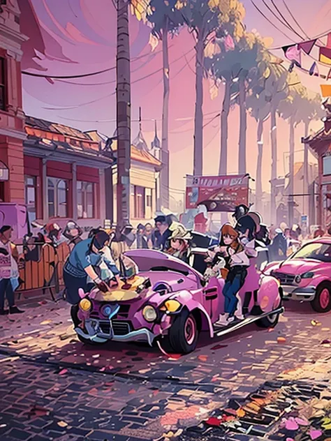 Cartoon style caricature, high detail cartoon, . A Pink Beetle with people hanging out celebrating and barbecuing on a barbecue grill on top of the hood of the Pink Beetle, harvest festival parade Entre Rios de Minas