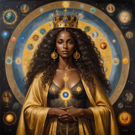 black woman with dark skin and back, long curly hair, glad, with a crown on his head, royal crown no estilo brittanica e um cedr...