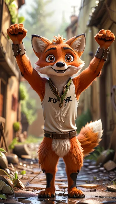 cute foxy, cartoon , arms, hands ,cute eyes, looking at viewer, arms up, dirty background, hairy