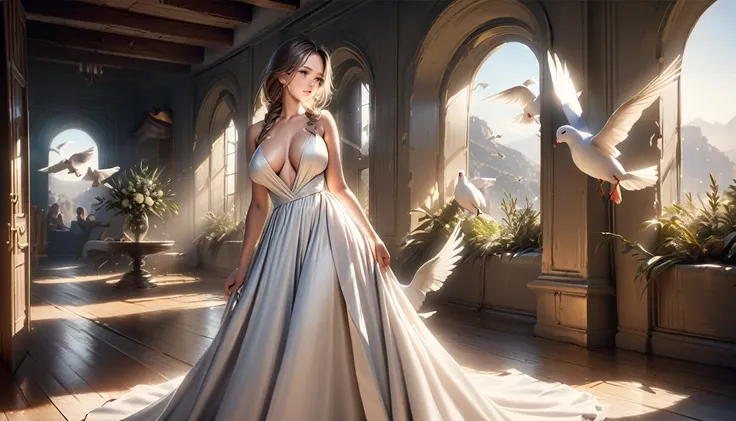 1 woman, beautiful white long braided hair, 29 years old, detailed facial features, elegant flowing dress, large breasts, wide hips, standing in a natural idyllic setting, doves with olive branch, dramatic lighting, photorealistic, 8k, 4k, masterpiece