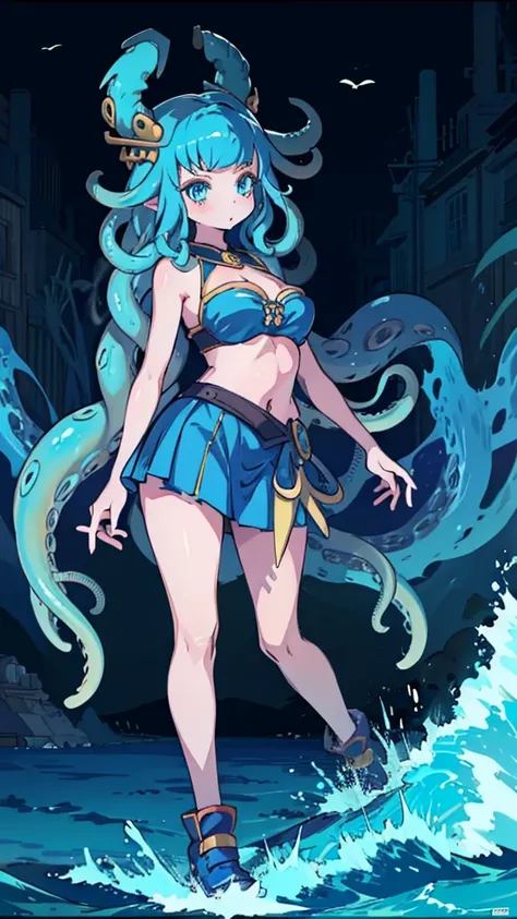 Beach Background，Close-up above the waist，Upper body close-up，Huge girl，Octopus Girl，Blue Hair，Octopus hair，Tentacle hair，Tentacle Arm，Tentacle hair，Tentacle hair，Suction Cup Hand，Suction Cup Hand，There are no palms，Brachiopod Arm，Octopus hands，Tentacle ar...