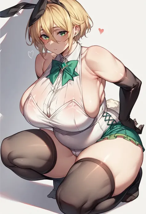 （One girl）、(short hair)、(sidelock)、((Blonde))、（Sato Air）、(boyish)、(Big Breasts)、Chubby、beautiful girl、[Big thighs]、Green Eyes、White sleeveless、bunny、((hairs between eyes))、((thigh-high socks thighhighs))、(long gloves)、((see-through))、Erotic squatting、(smal...