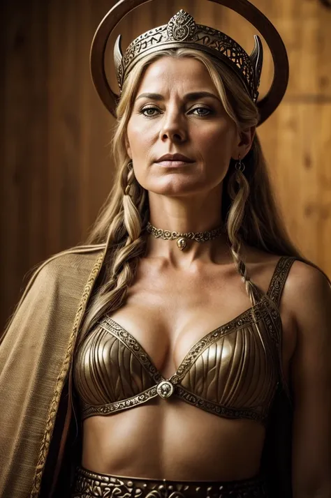 Craft an image of a Viking Queen, 45 years old Woman, extremely gorgeous, that not only showcases the regal nature of the Queen but also tells a story. Illustrate her in a moment of contemplation or action, capturing her inner turmoil or determination. Exp...