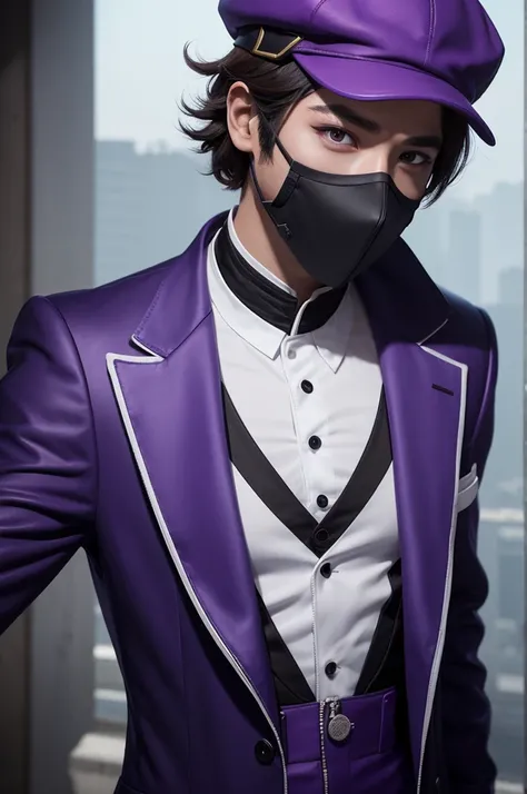 Free fire game style male character wearing a white cap,clown makeup,a mask ,black purple suit Lokizin 