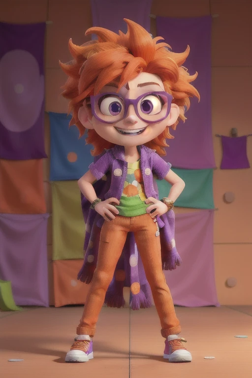 Banner an orange skin emotion, with disheveled hair mixing orange and purple. Your eyes are big and bulging, with an intense look and a manic smile. Her outfit is predominantly purple, with crazy geometric patterns, and she wears eccentric accessories like...