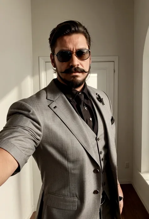 selfie of a manly man strong and handsome , with big moustache and beard , dressed in a suit and sunglasses , youtuber 