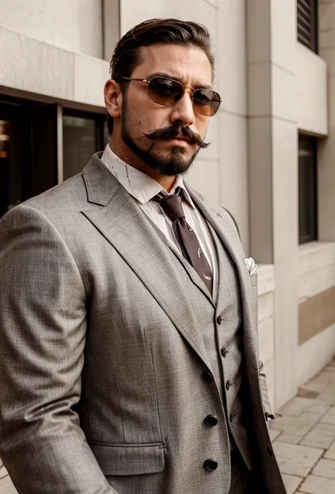 selfie of a manly man strong and handsome , with big moustache and beard , dressed in a suit and sunglasses , youtuber 