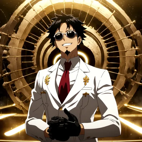 Man,Slim body,Long black hair,White suit,Red tie,Sunglasses,Goatee,Black gloves,Mad scientist smile,Mad Scientist,White mechanical arms,Laboratory setting,One Piece inspired anime lines,Drenched in dramatic,amazing lighting,dramatic lighting,infused with c...