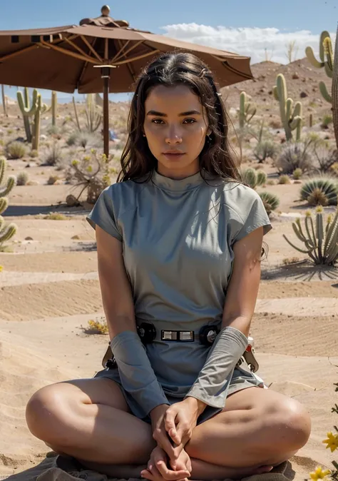 (Jedi meditation:1.3), serene photo,1girl, Jedi master in deep meditation,  in jedioutfit, sitting cross-legged,  (desert oasis:1.1), surrounded by blooming desert flowers, harmonizing with the Force, spiritual retreat, transcendent tranquility, desert enl...