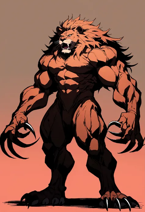 full body big scary muscle lion with long claws and huge tooths,  distance shot