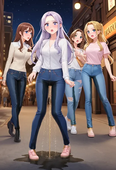 ((best quality, masterpiece:1.3, 8K)), (detailed), highly detailed face and skin texture, detailed eyes, downtown, night time, full body, (slender body:1.1), (a group of 3 girls:1.2), 25 years old, white skin, bright lips, scared, worried, embarrassed, pan...