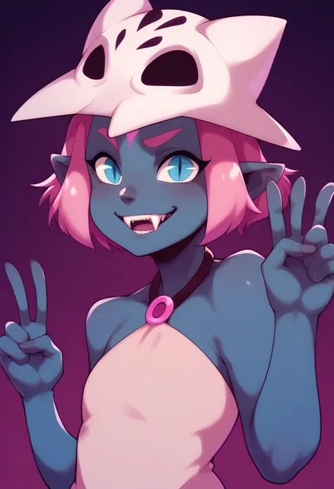 (score_9, score_8_up), score_7_up, score_6_up, coqueline, 1girl, blue skin, pink hair, blue eyes, skull hat, pointy ears, short ...