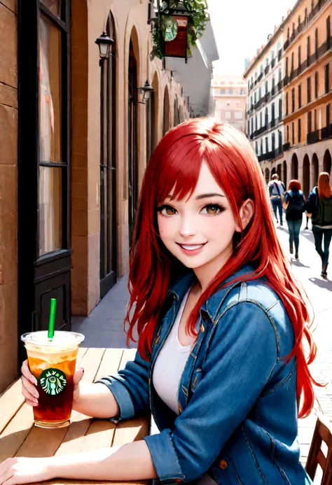 Generates a realistic photo of a red-haired girl in a jean jacket sitting in the Plaza Mayor of Madrid with a glass of Starbucks. The girl must have a friendly smile.
