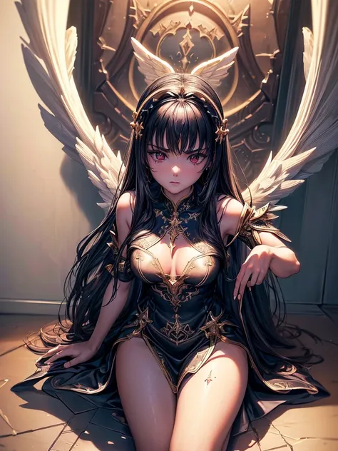 ((best quality)),(Ultra-high resolution),(Super detailed),(Detailed description),((Best CG))(Fantasy art with precise details:1.5), Black Hair，European classical long dress，(1 Female Angel:1.6),Angel Wings，side，Injuried，Blood，Half kneeling，Serious expressi...