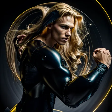 A muscled young beauty man wearing dark gray latex with brilliant yellow hologram ancient unknown characters projected by the suit on the air around him. He has a very long blonde and golden hair. Ultrarealistic Art in 4k. He IS running on a speed light an...